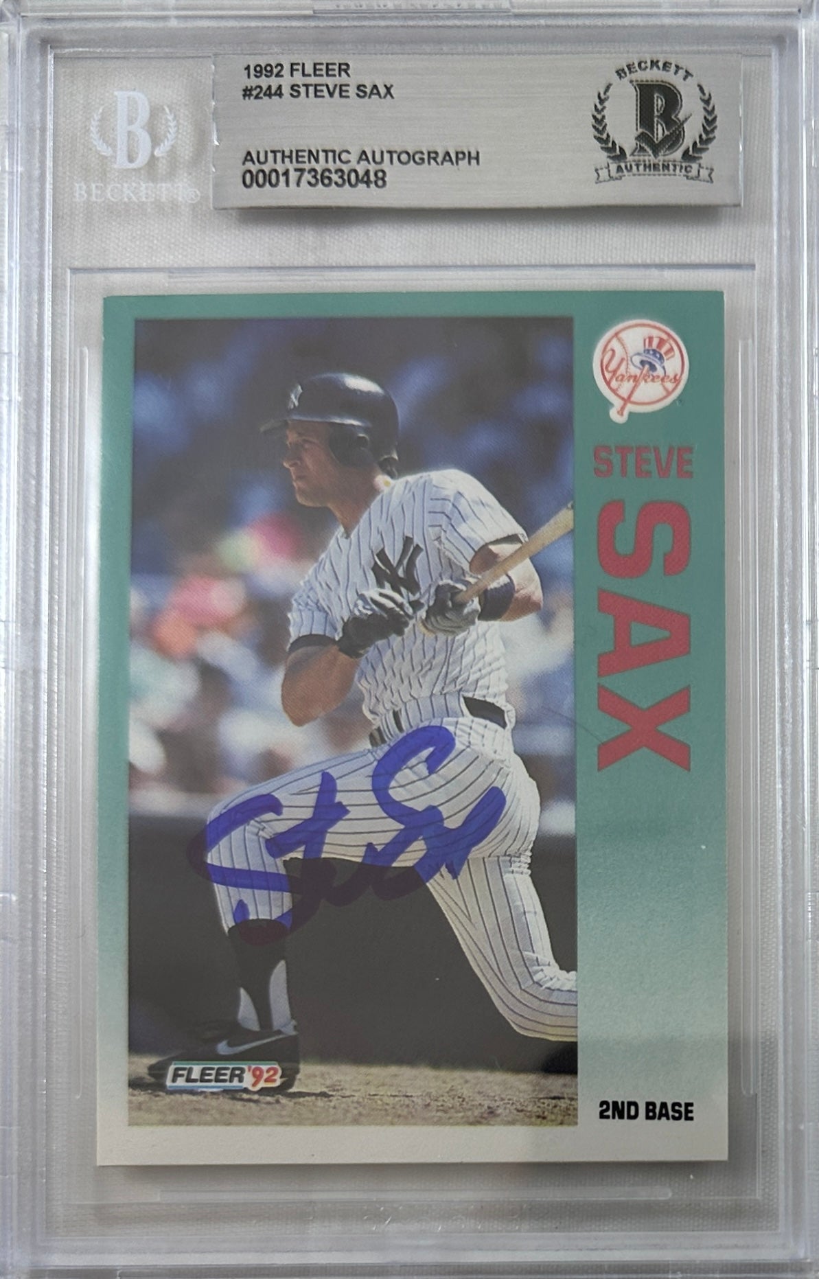 Steve Sax auto signed card 1992 Fleer #244 MLB New York Yankees BAS Encap