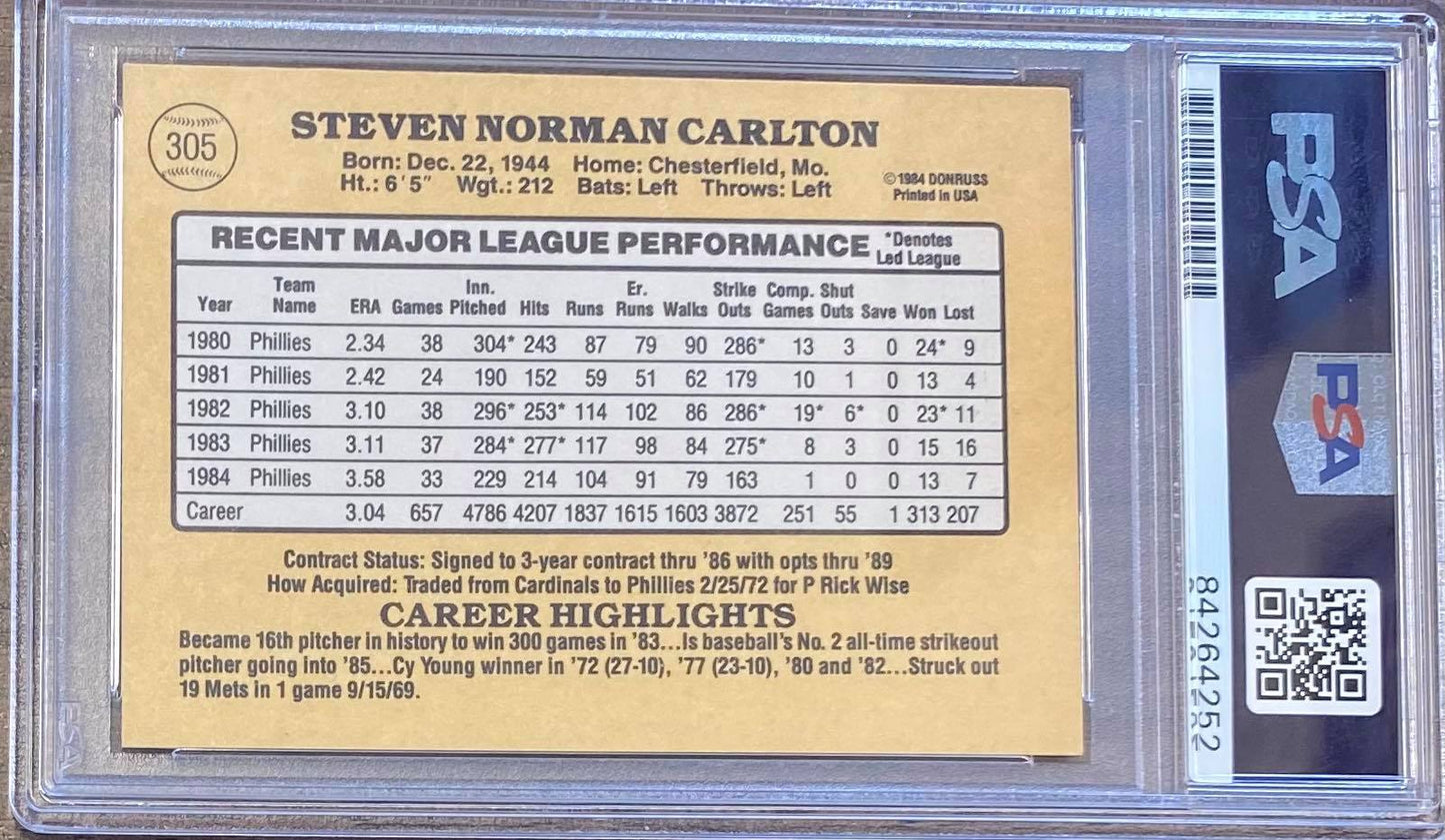 Steve Carlton auto card 1984 Donruss #305 Philadelphia Phillies PSA Encapsulated