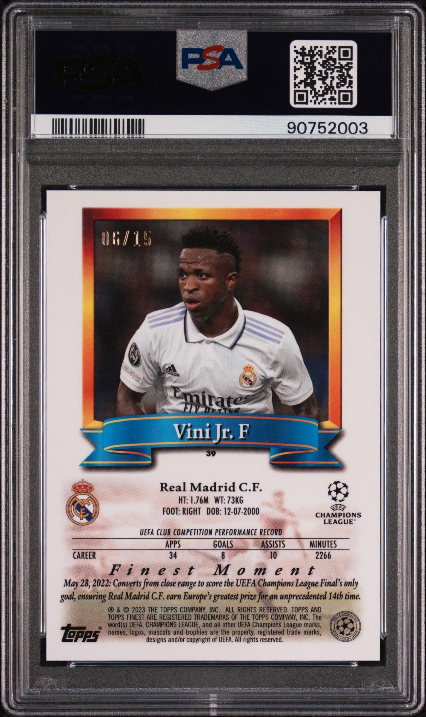 Vini Jr. 2022-23 Topps Finest Flashbacks #39 Purple Refractor /15 PSA 10