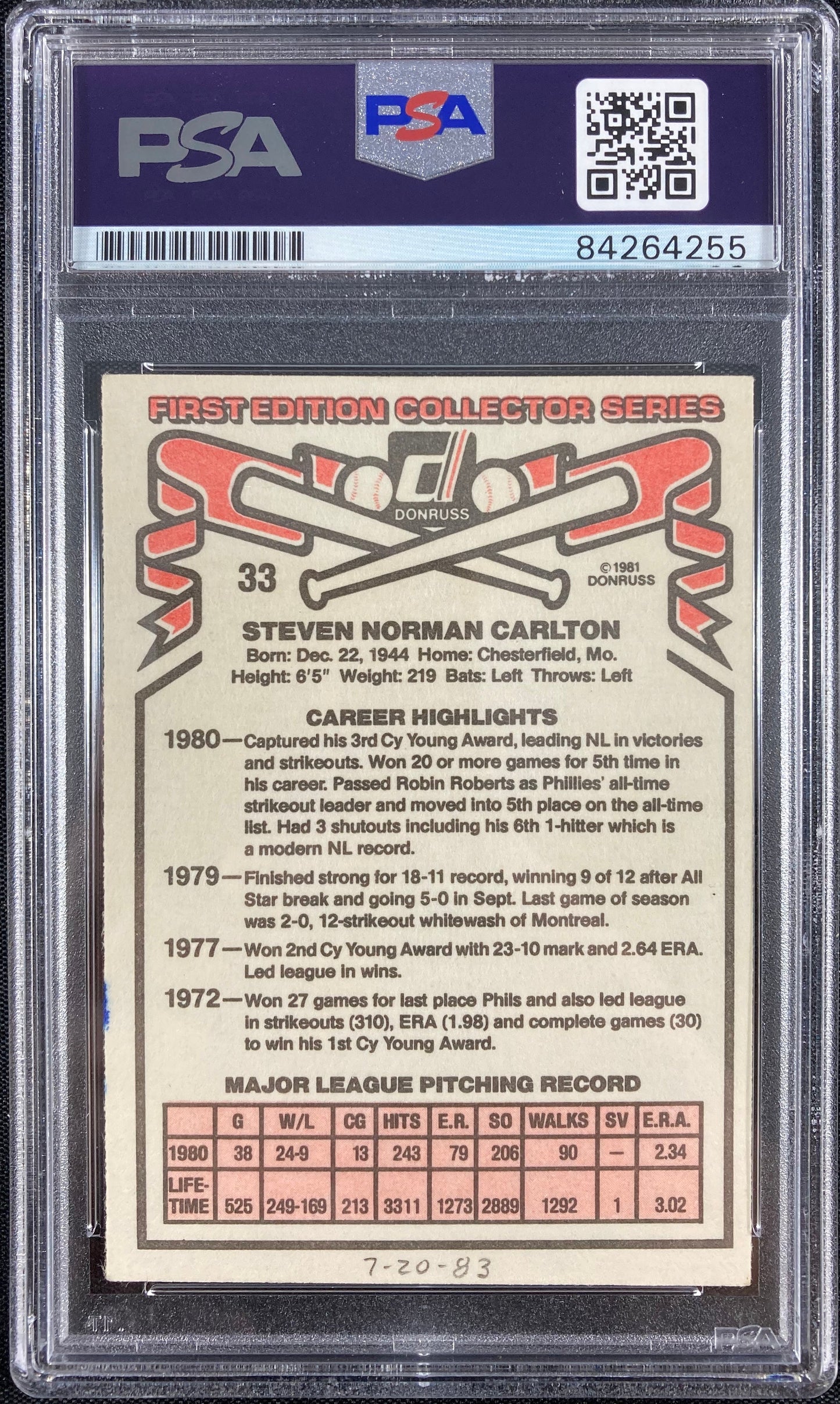 Steve Carlton auto card 1981 Donruss #33 Philadelphia Phillies PSA Encapsulated