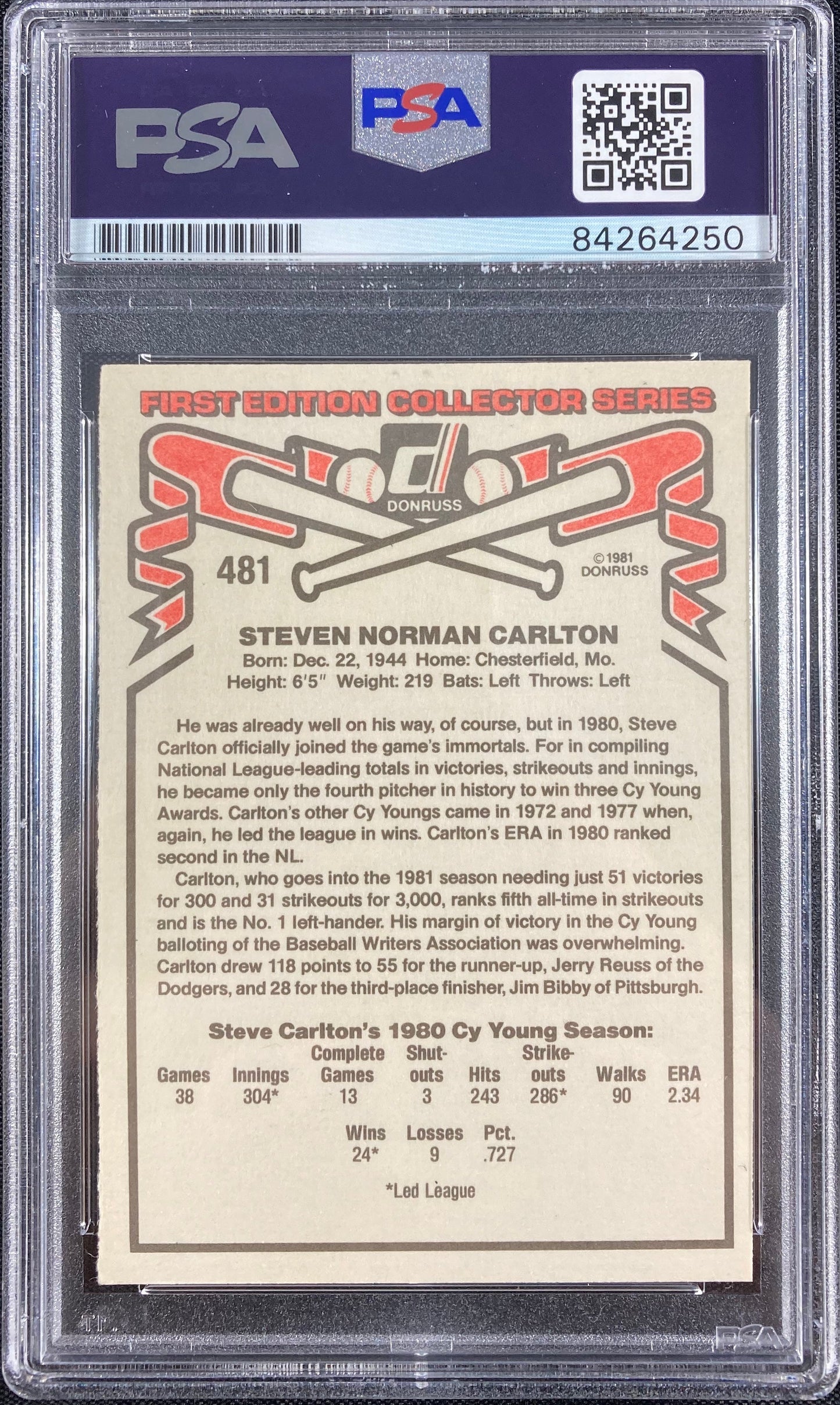 Steve Carlton auto card 1981 Donruss #481 Philadelphia Phillies PSA Encapsulated