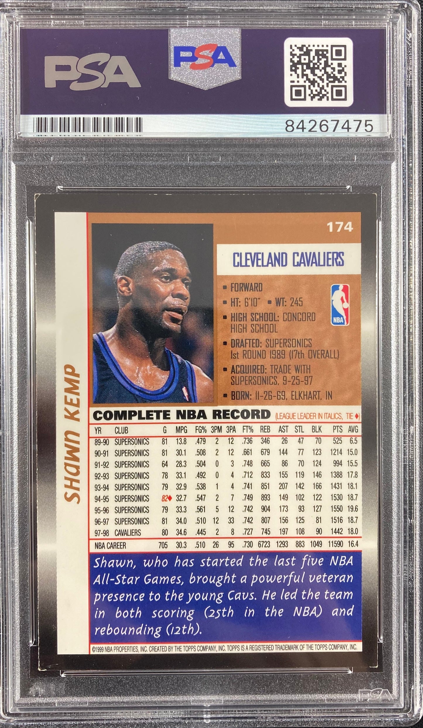 Shawn Kemp autographed signed Topps #174 Cleveland Cavaliers PSA Encapsulated