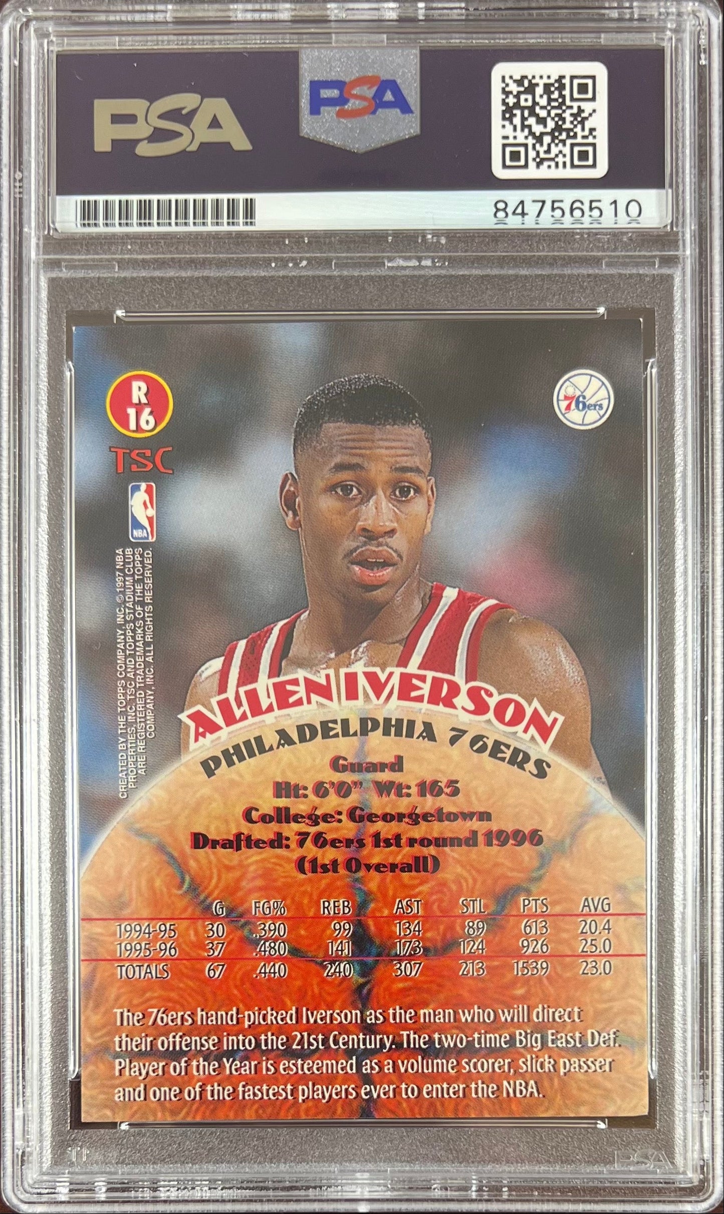 Allen Iverson auto RC 1997 Topps Stadium Club #R16 Philadelphia 76ers PSA Encap