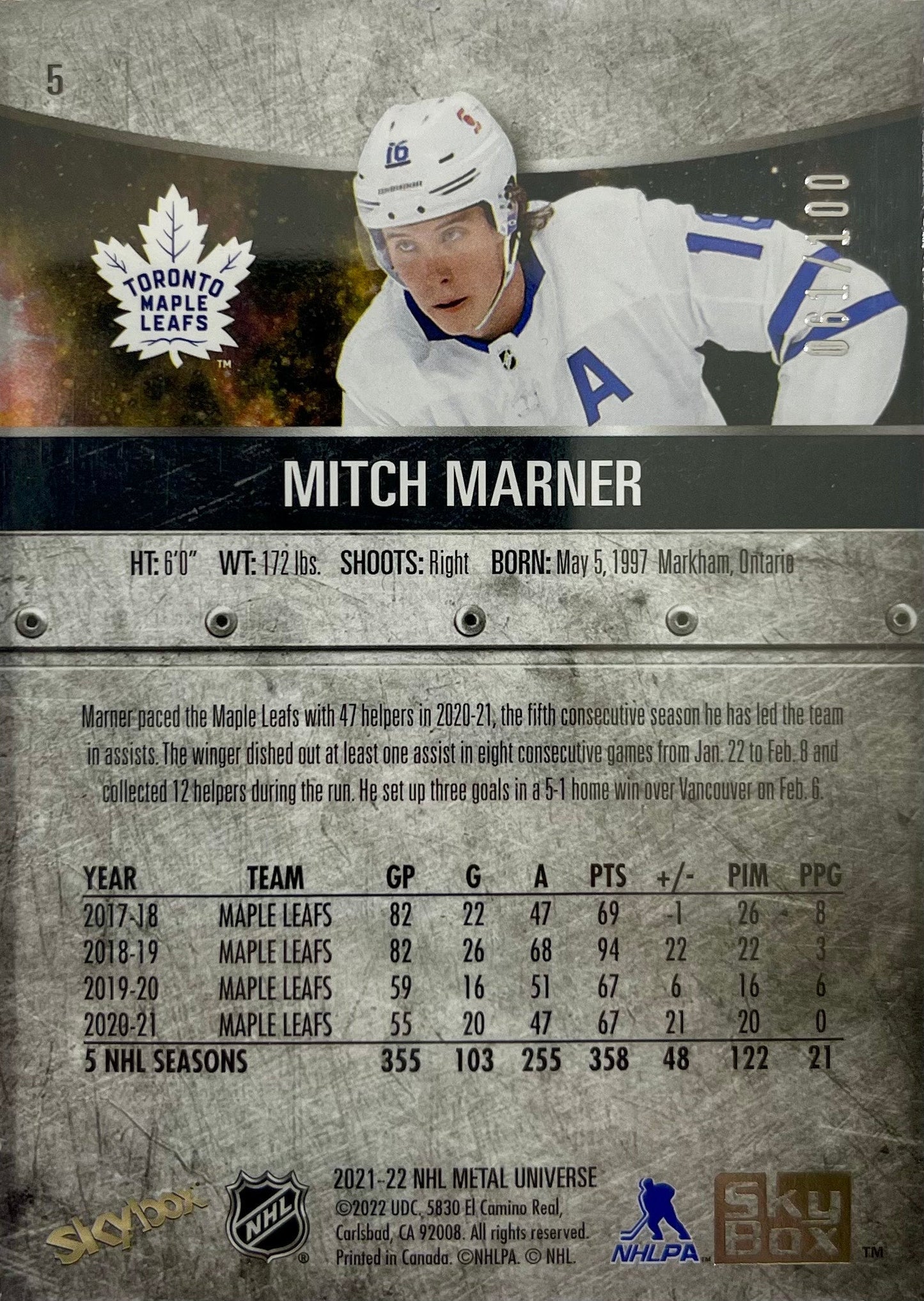 Mitch Marner 2022 Skybox #5 card 61/100 NHL Toronto Maple Leafs