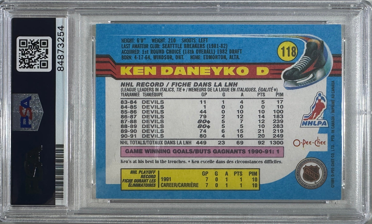 Ken Daneyko auto insc 1991 O-Pee-Chee #118 RC PSA Encap GEM Mint 10 Devils