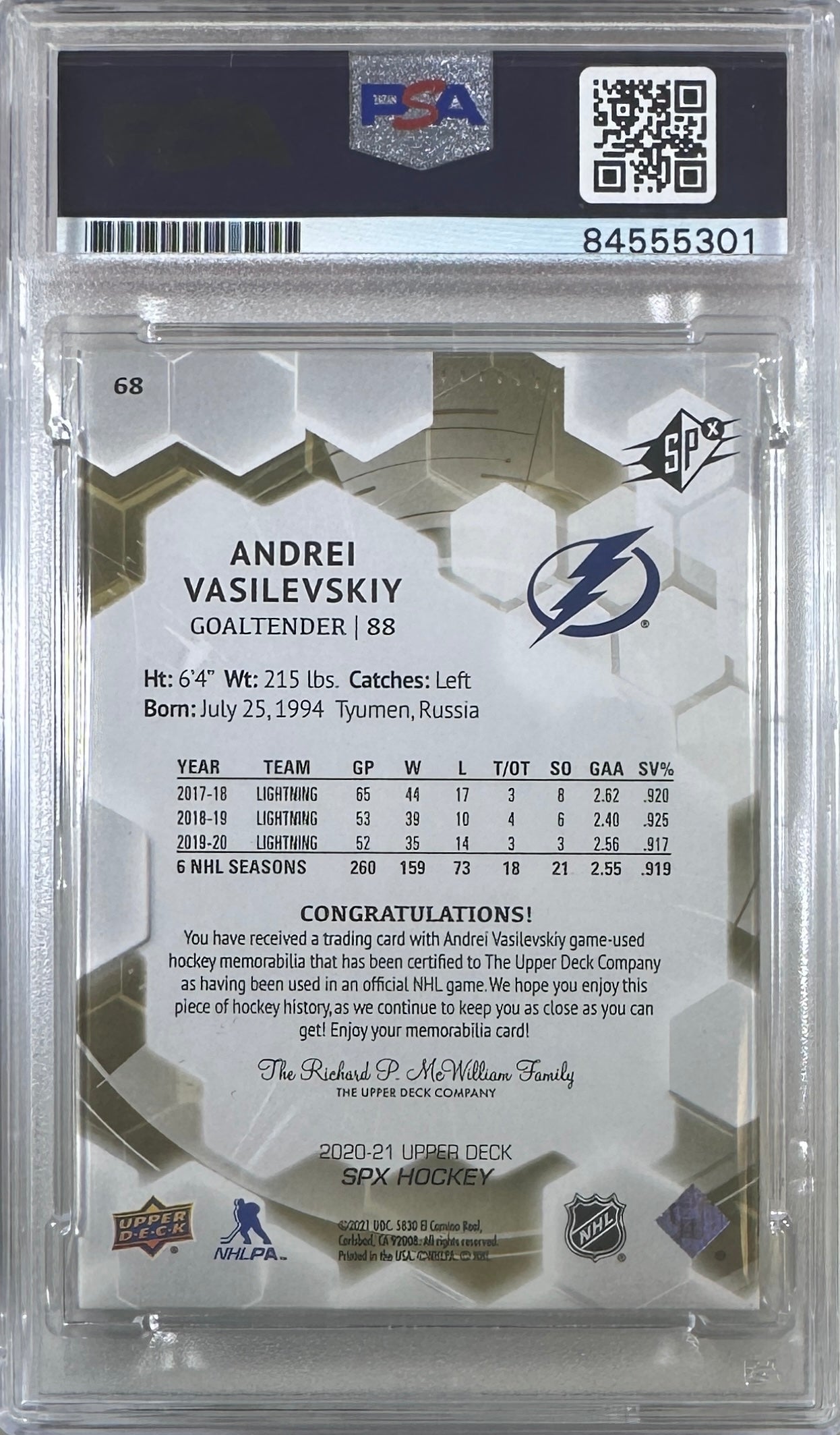 Andrei Vasilevskiy auto card 2020 Upper Deck #68 Lightning PSA Encap