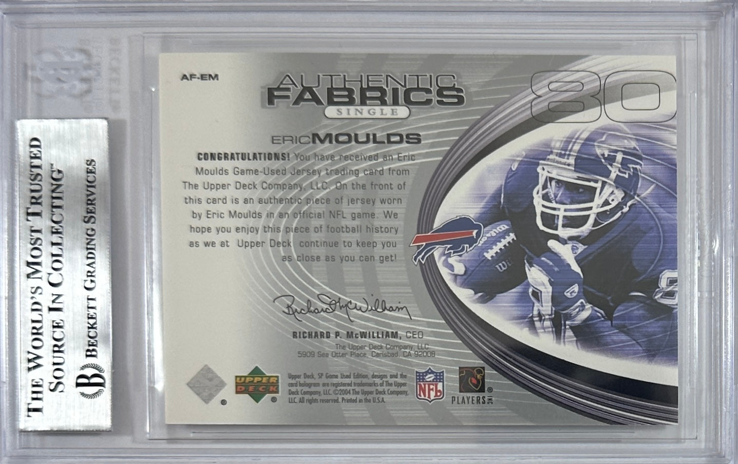 Eric Moulds autographed signed Upper Deck 2004 Buffalo Bills BAS game used Encap