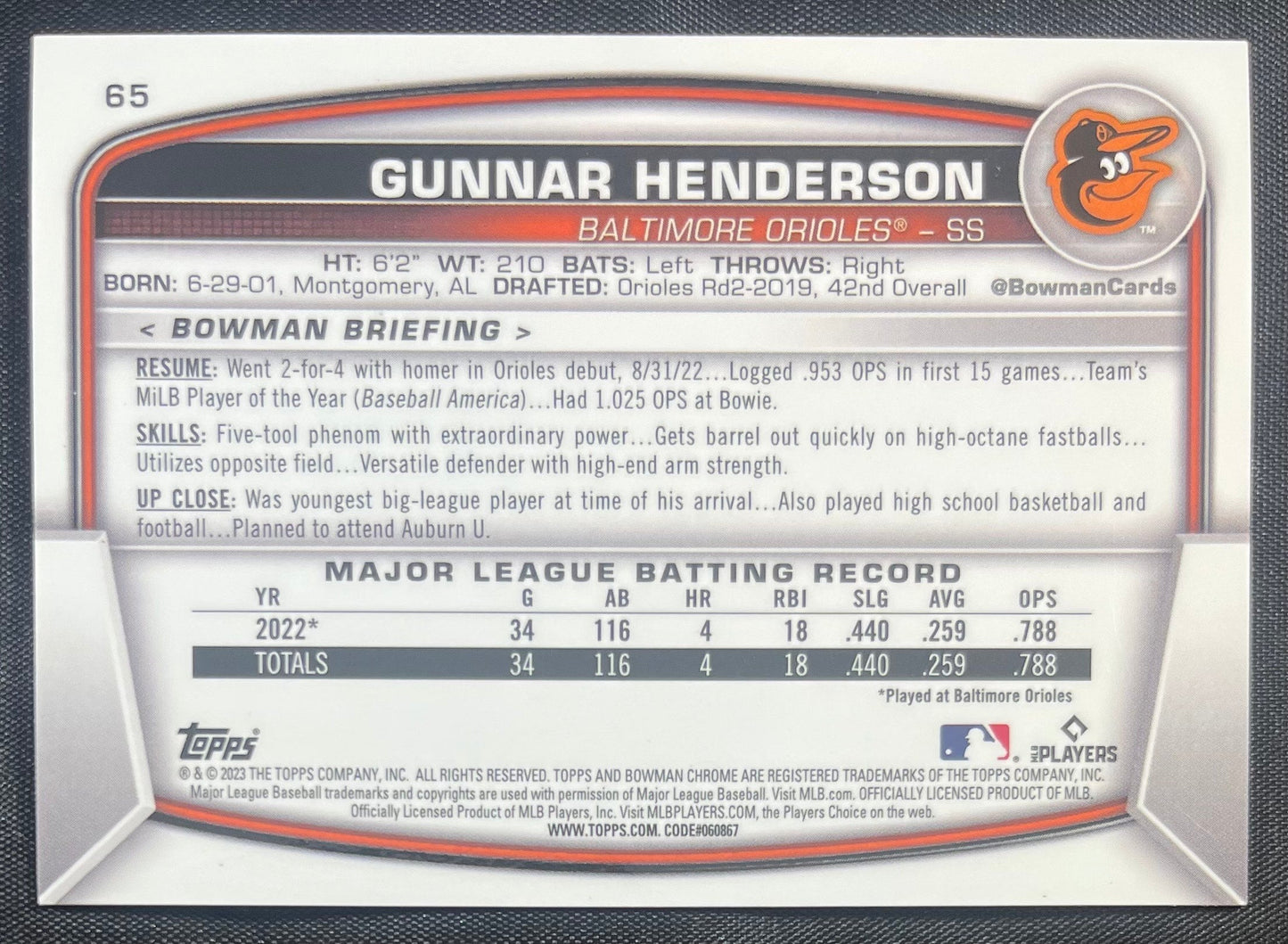 Gunnar Henderson RC 2023 Bowman Chrome Purple Mojo #65 /250