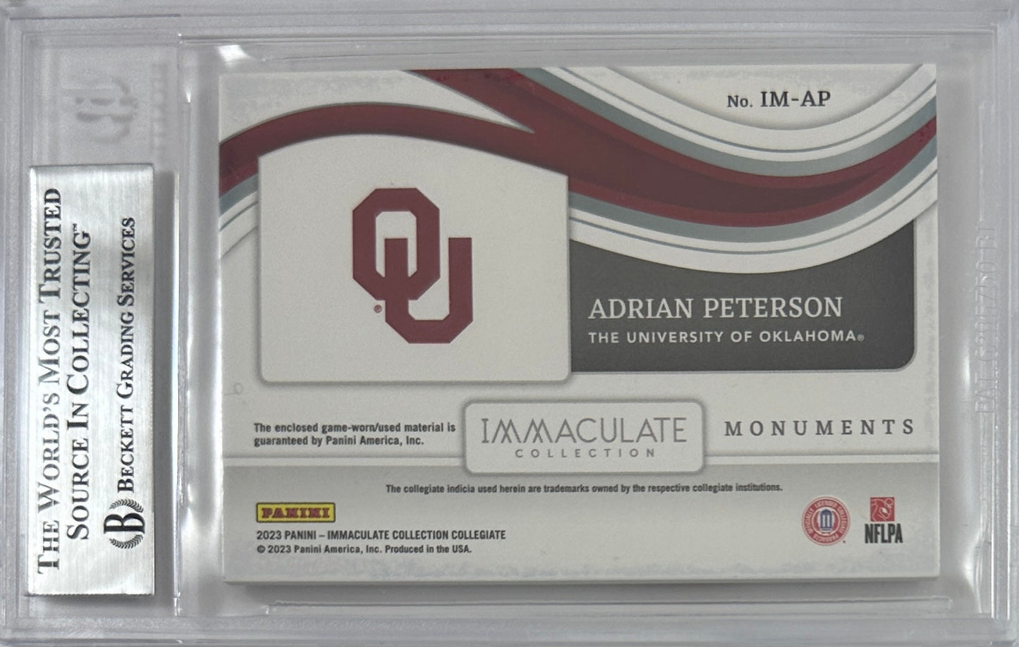 Adrian Peterson auto 2023 Panini 58/75 NFL Oklahoma Vikings BAS Encap game used card