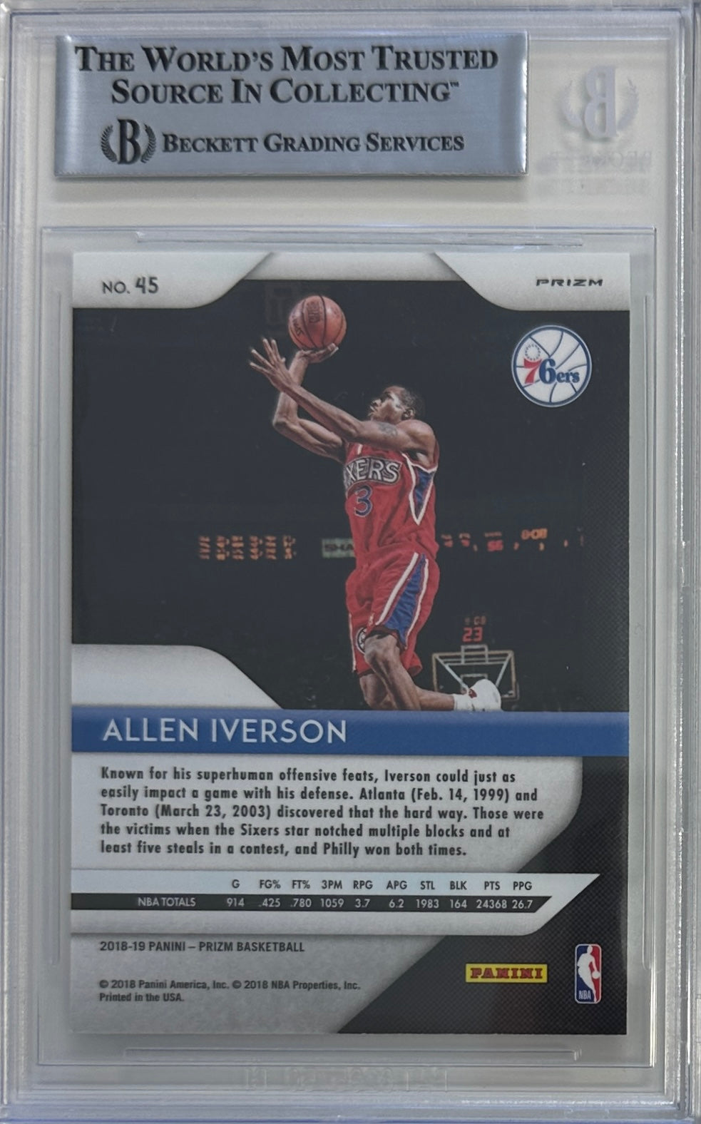 Allen Iverson auto signed Panini 2018 #45 Philadelphia 76ers BAS Prizm Pink Ice