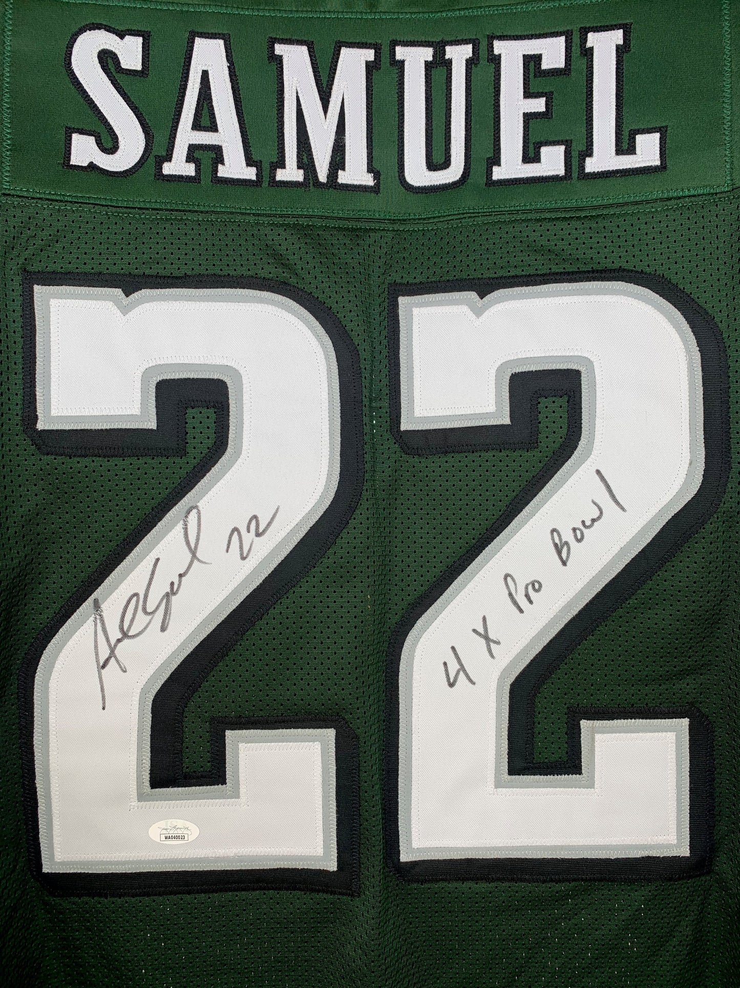 ASANTE SAMUEL SR. SIGNED INSCRIBED CUSTOM GREEN PRO STYLE AUTOGRAPHED JERSEY JSA COA