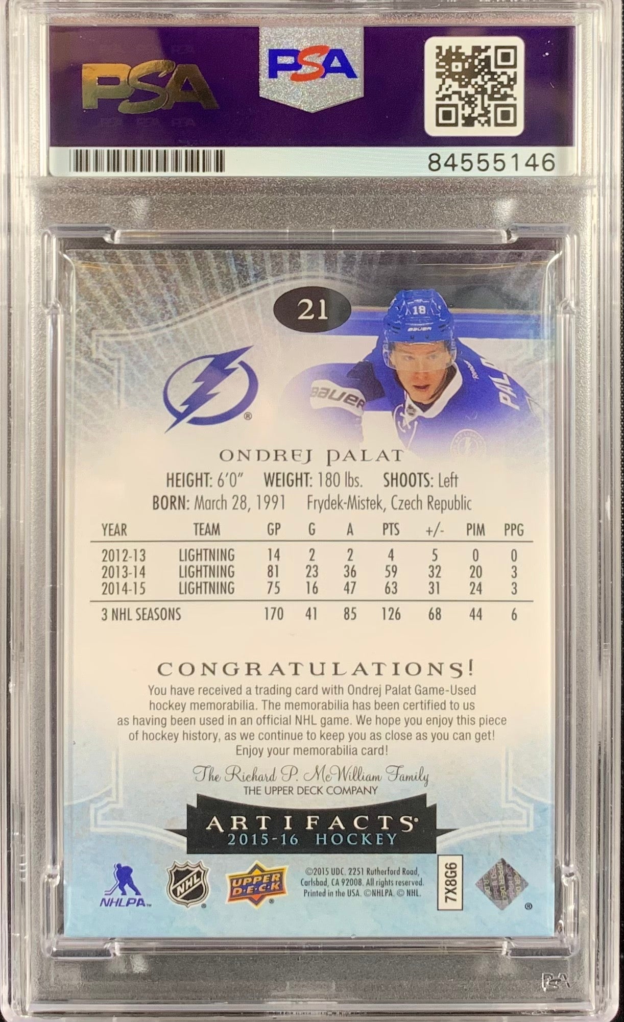 Ondrej Palat auto card Upper Deck 21 Artifacts Game Used '15 Lightning PSA Encap Game Worn