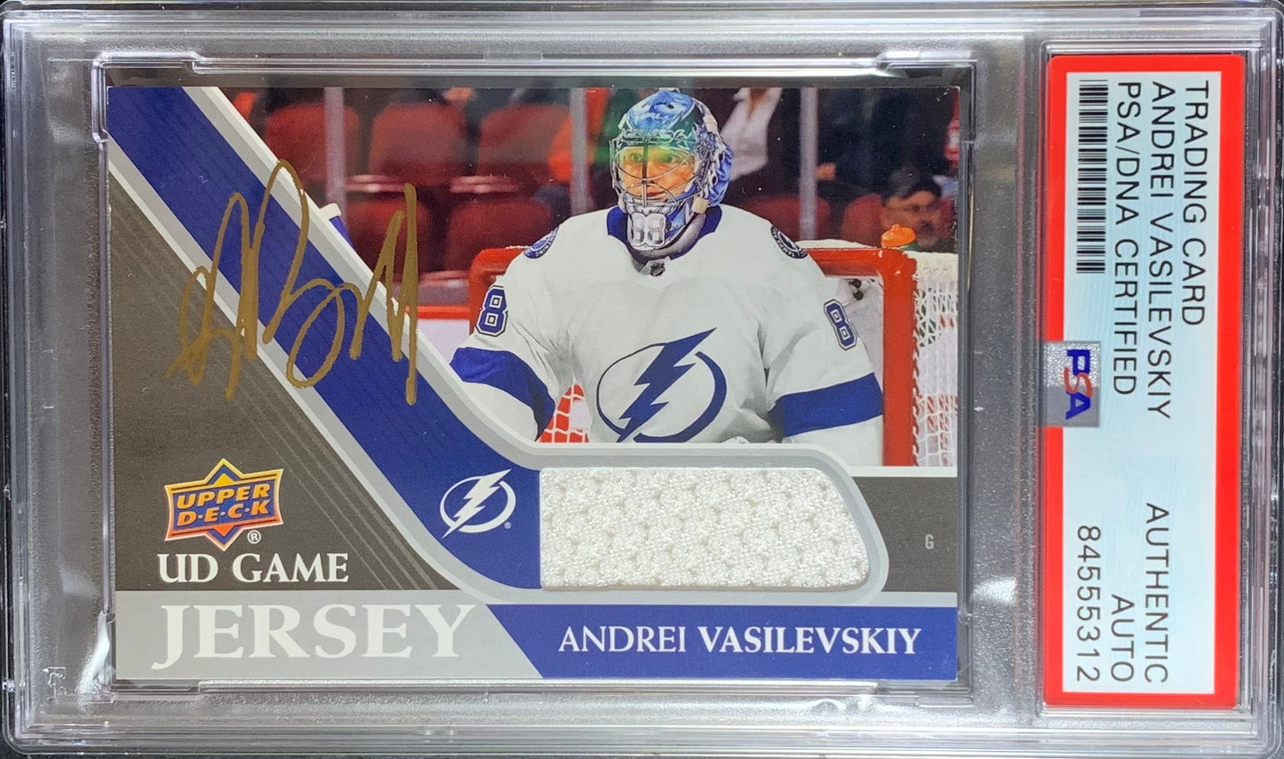Andrei Vasilevskiy auto card Game Used Worn UD Game Jersey Lightning PSA Encap