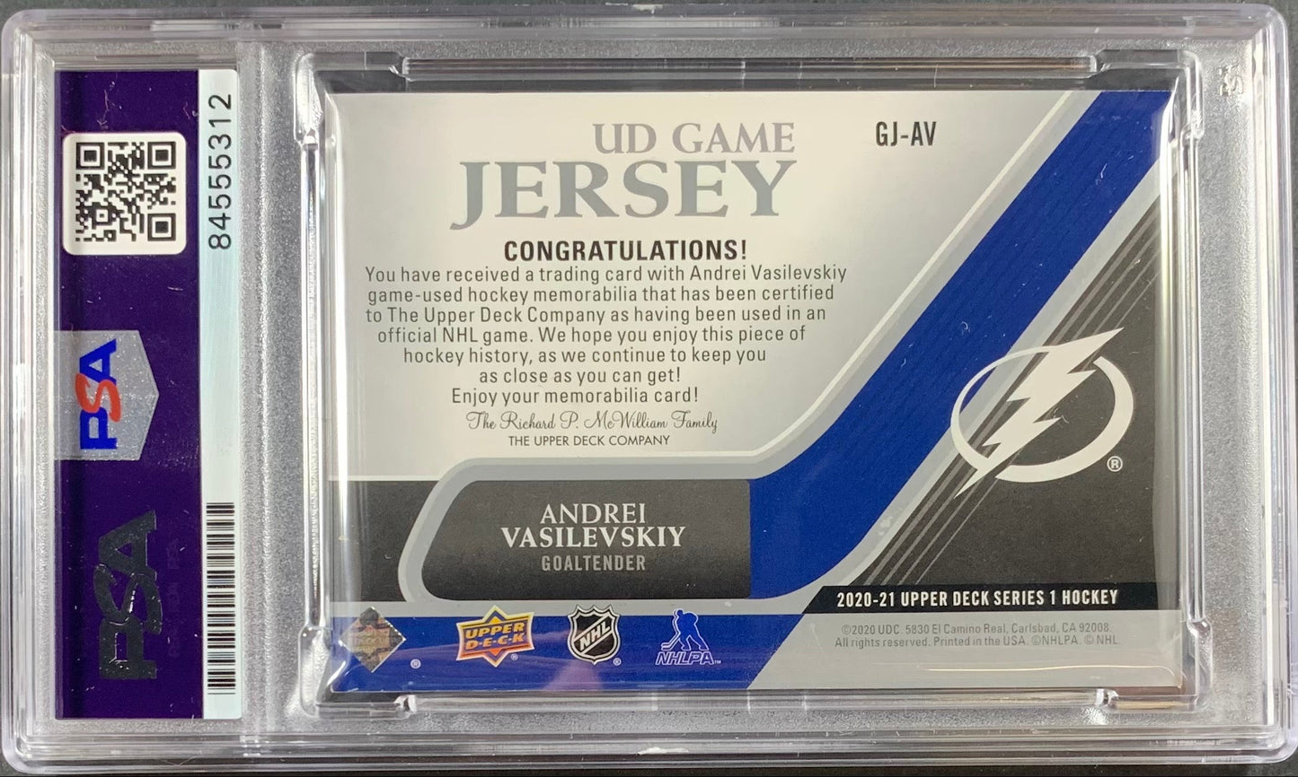Andrei Vasilevskiy auto card Game Used Worn UD Game Jersey Lightning PSA Encap