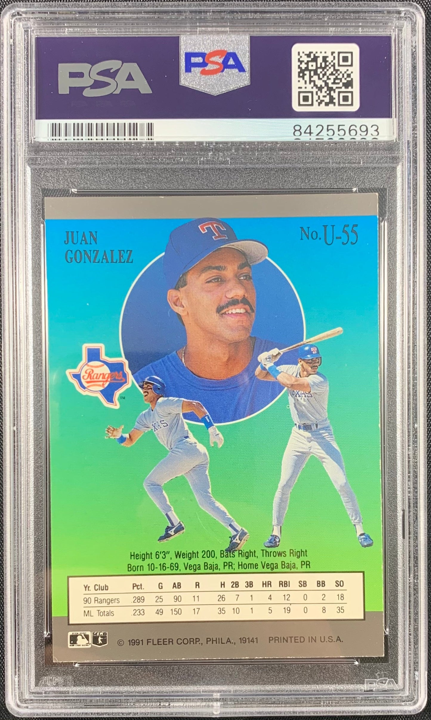 Juan Gonzalez autographed signed Fleer Ultra #U55 Texas Rangers PSA Encapsulated