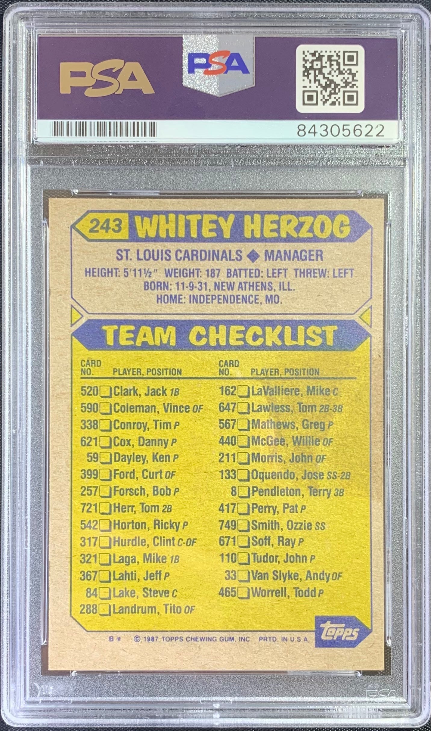 Whitey Herzog auto card 1987 Topps #243 MLB St Louis Cardinals PSA Encapsulated