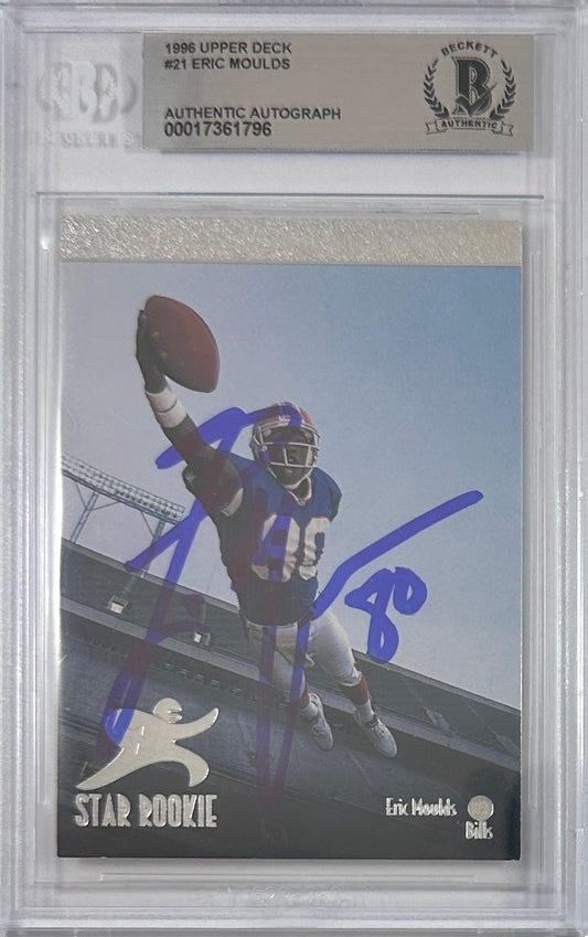 Eric Moulds autographed signed Pinnacle 1996 #21 Buffalo Bills BAS Encap RC