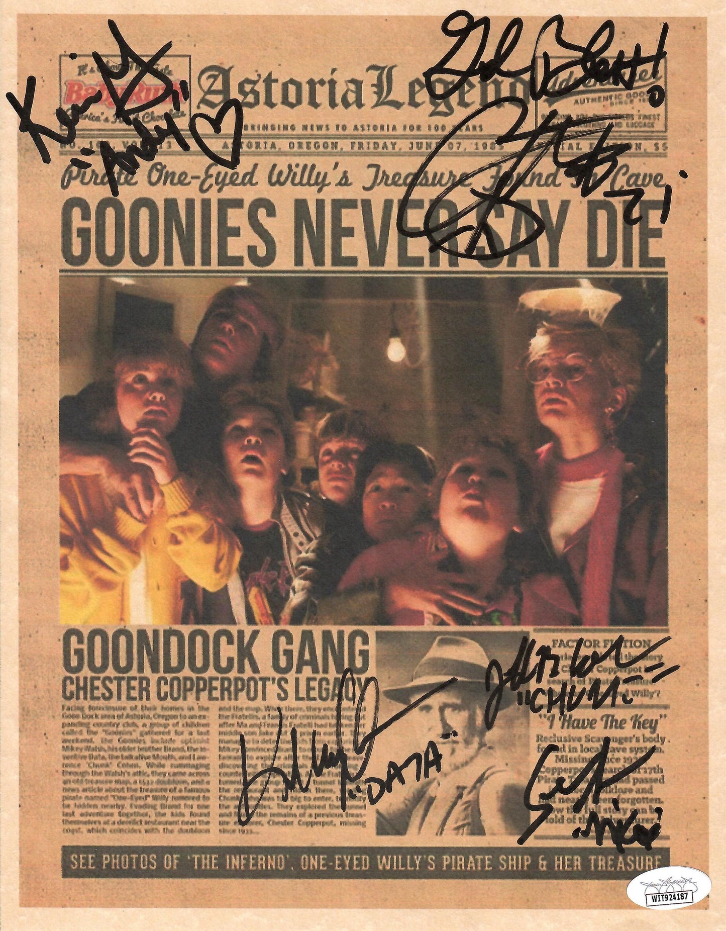 Cast signed inscribed Newsprint The Goonies JSA Feldman Astin Choen KeQuan Green