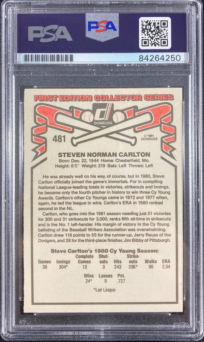 Steve Carlton auto card 1981 Donruss #481 Philadelphia Phillies PSA Encapsulated