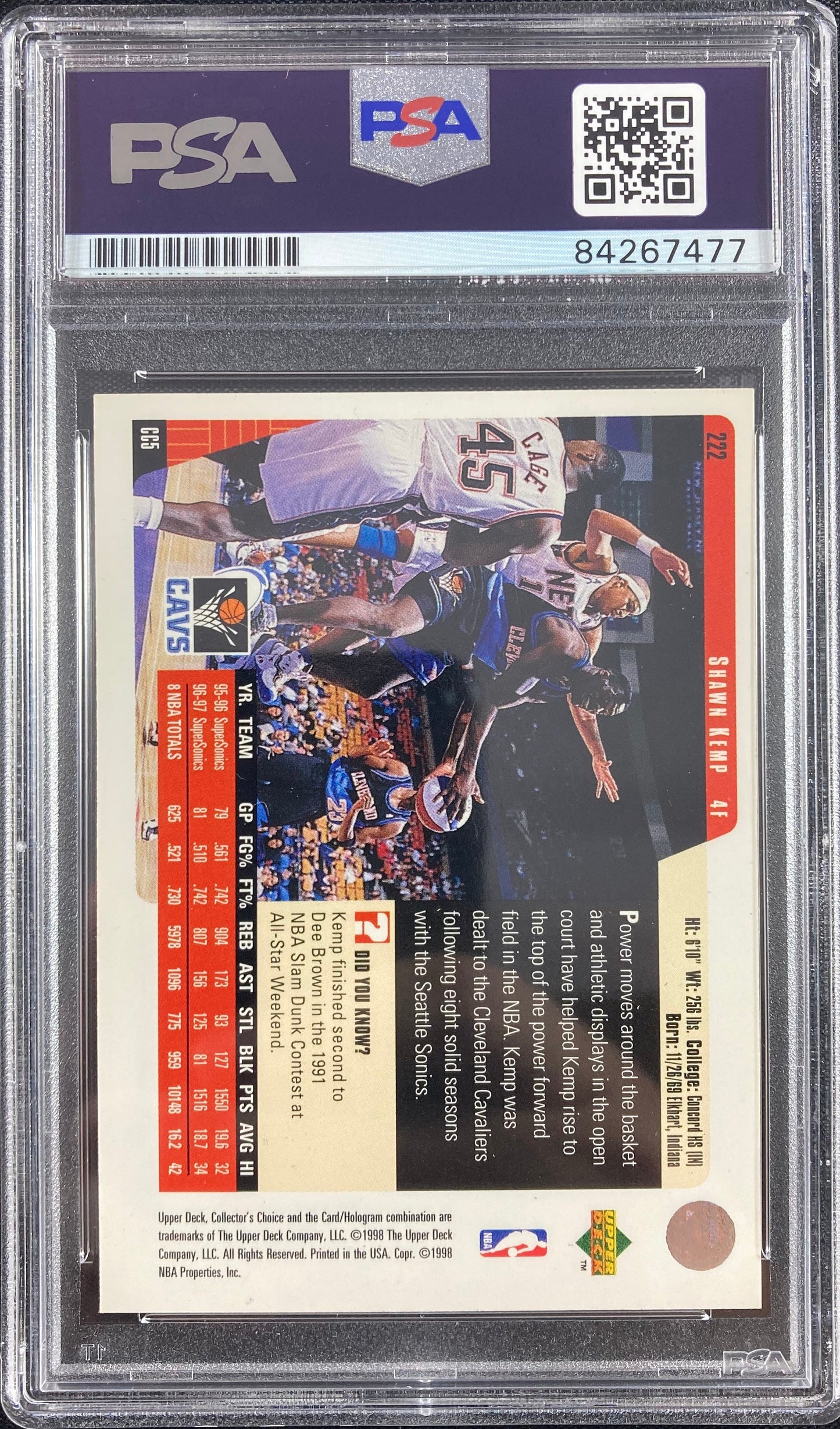 Shawn Kemp auto signed Upper Deck 1998 card Cleveland Cavaliers PSA Encapsulated