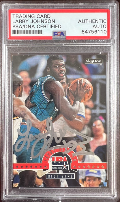 Larry Johnson auto signed 1994 SkyBox #9 card Charlotte Hornets PSA Encapsulated