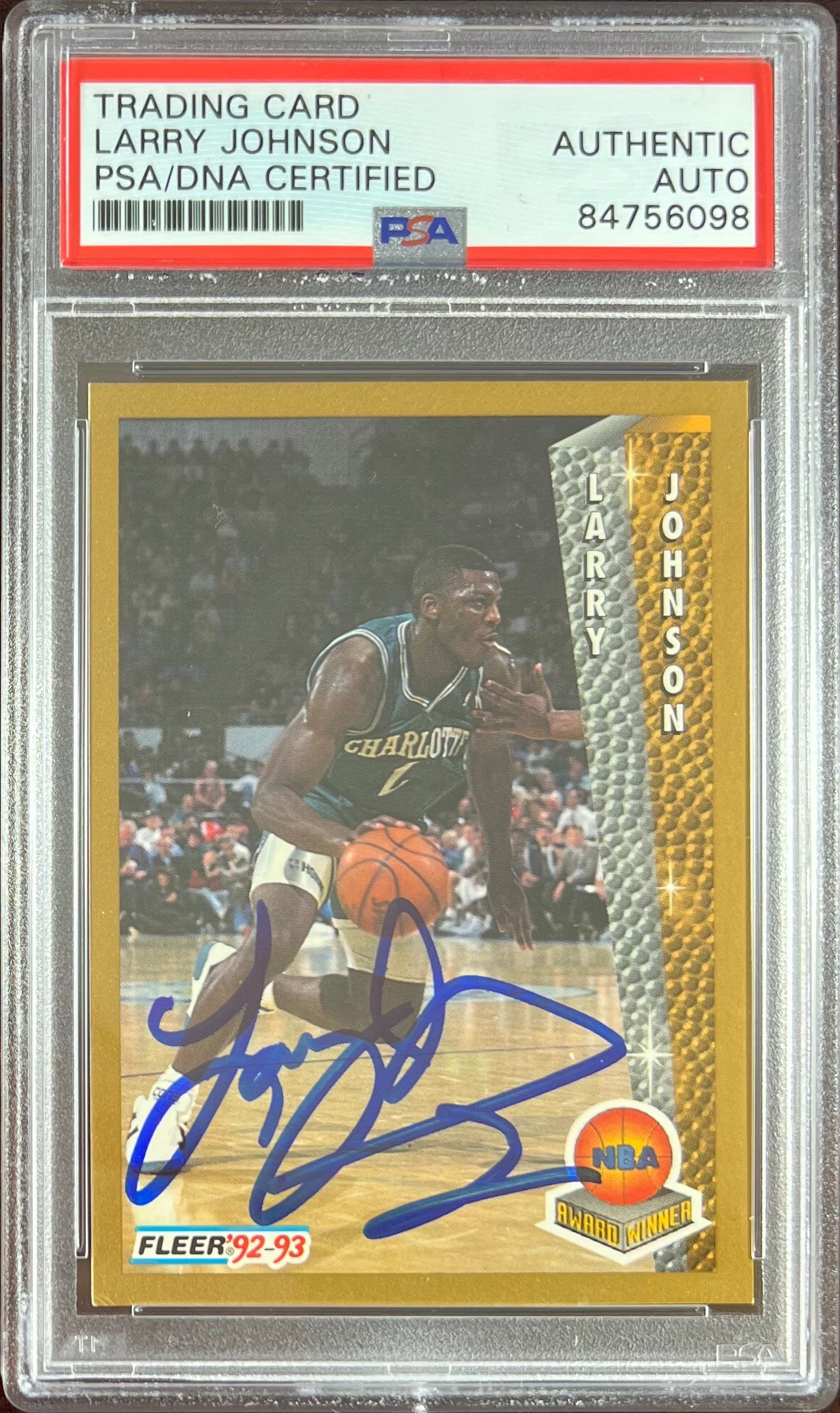 Larry Johnson auto 1992 Fleer #247 card Charlotte Hornets PSA Encapsulated