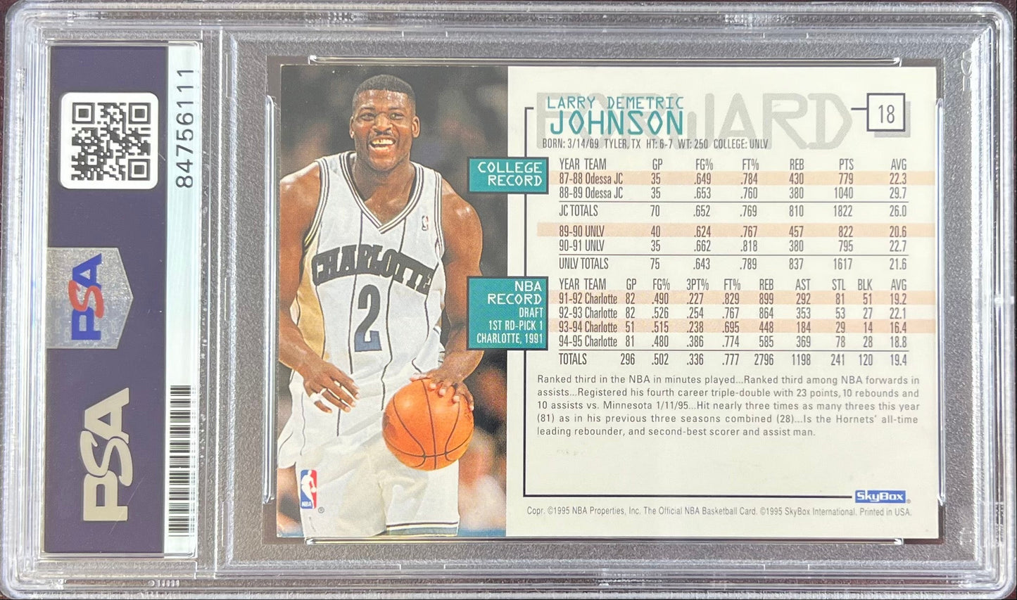 Larry Johnson auto 1995 NBA Hoops #18 card Charlotte Hornets PSA Encapsulated