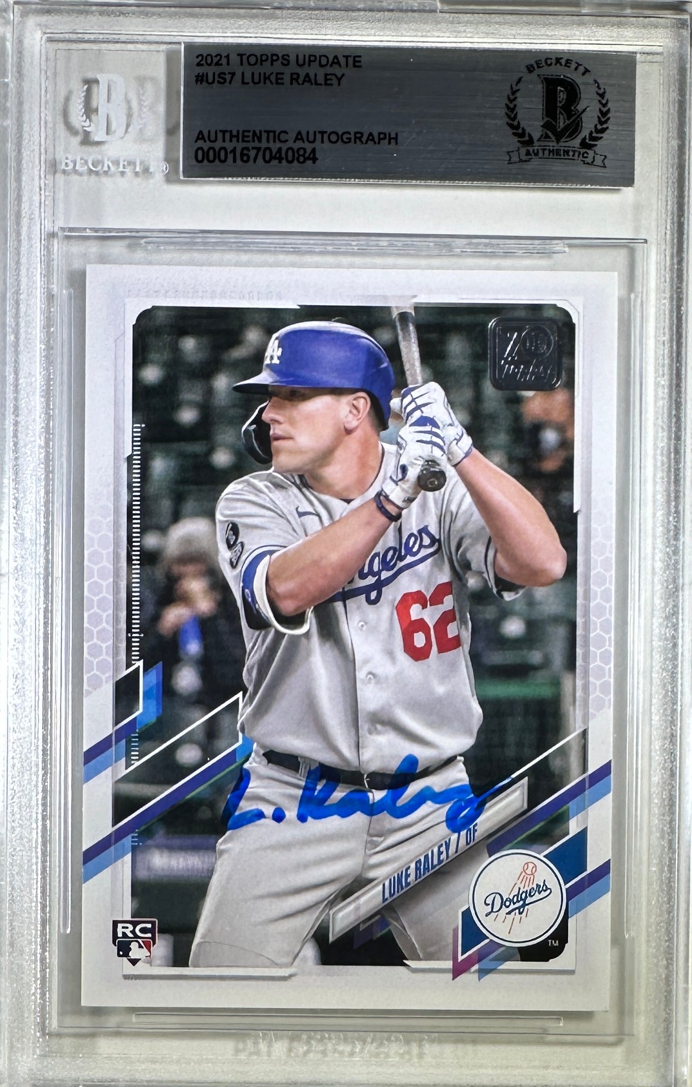 Luke Raley auto rookie card 2021 Topps #US7 Los Angeles Dodgers BAS Encapsulated