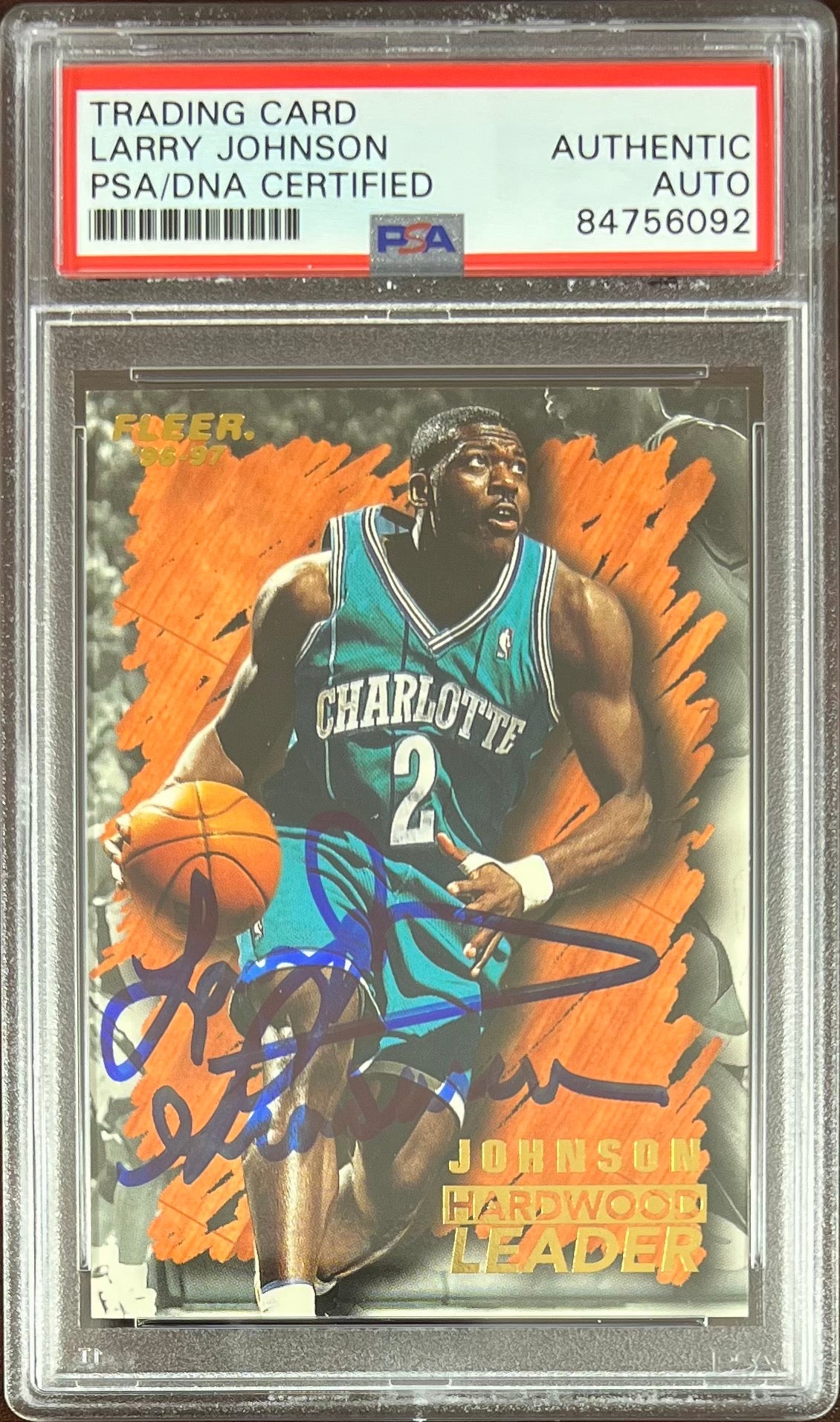Larry Johnson auto inscribed 1996 Fleer #122 card Charlotte Hornets PSA Encap