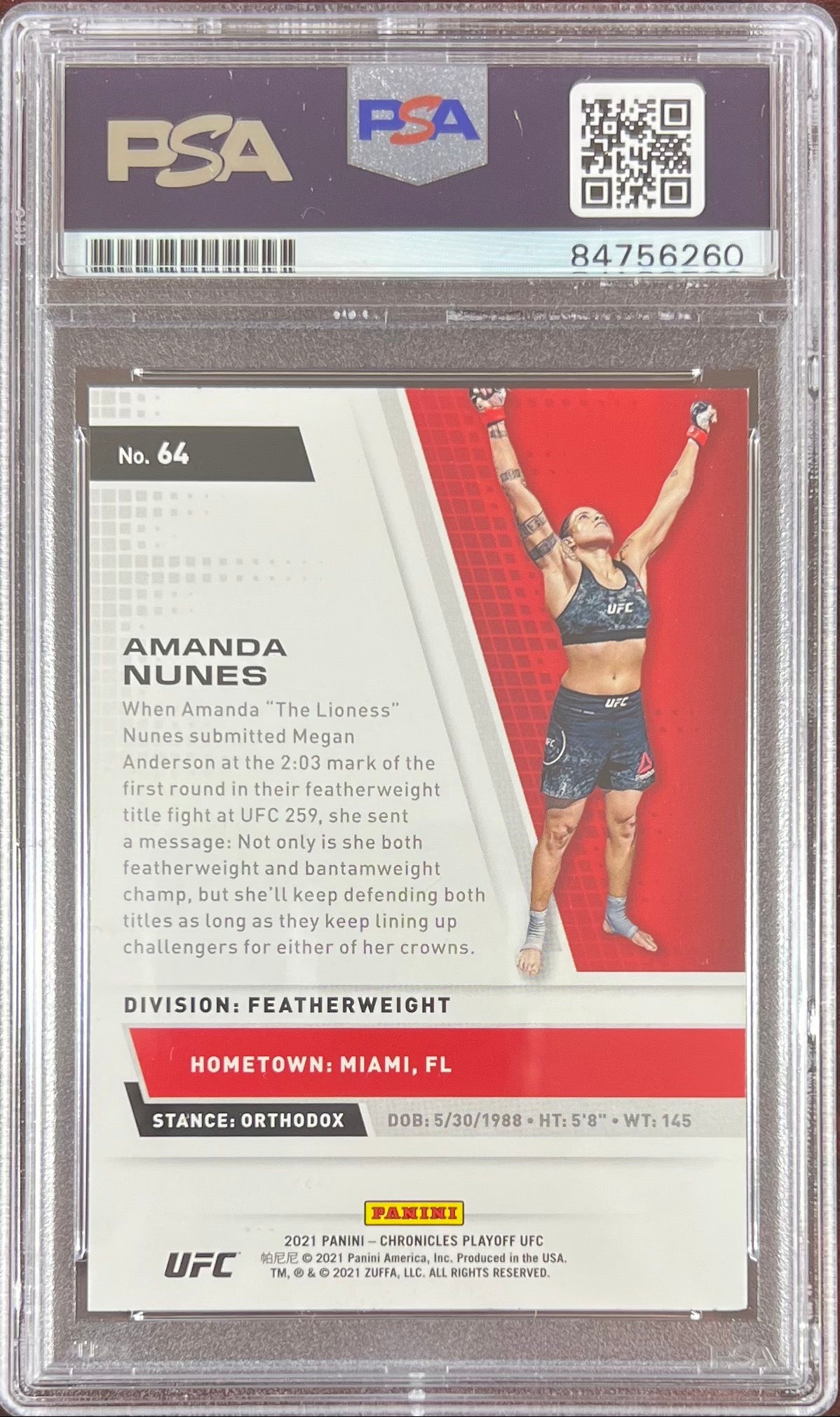 Amanda Nunes auto 2021 Panini Chronicles Playoff card #64 UFC PSA Encapsulated