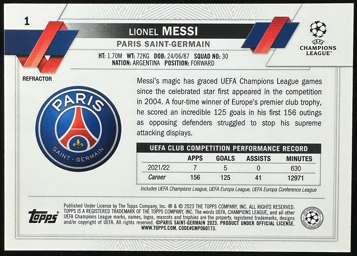 Lionel Messi Topps Chrome Silver #1 2023 UEFA PSG