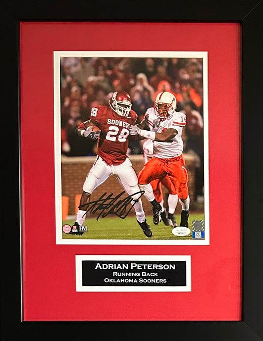 Adrian Peterson autographed framed 8x10 photo NCAA Oklahoma Sooners JSA COA