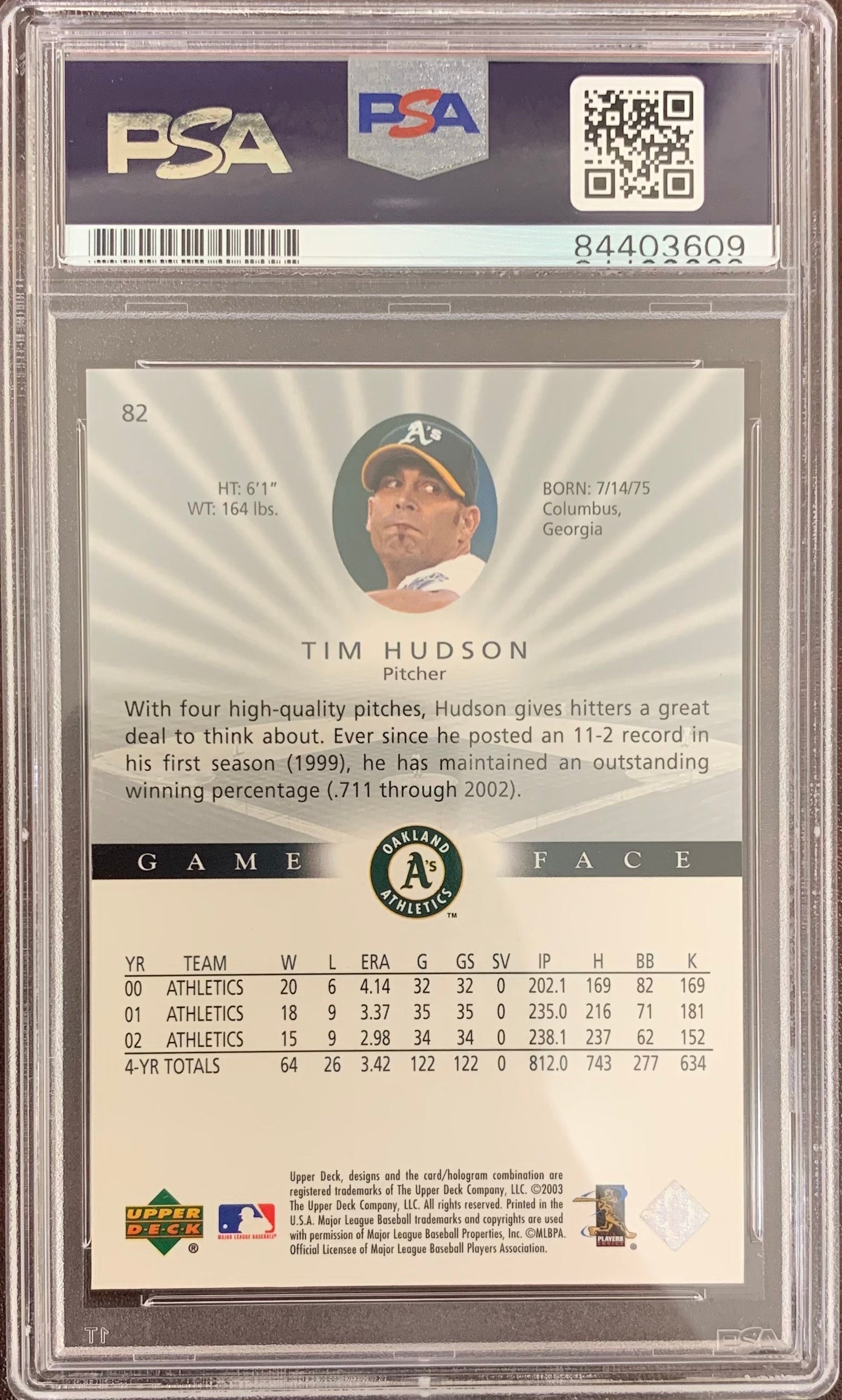 Tim Hudson auto card 2003 Upper Deck #82 Oakland Athletics PSA Encapsulated
