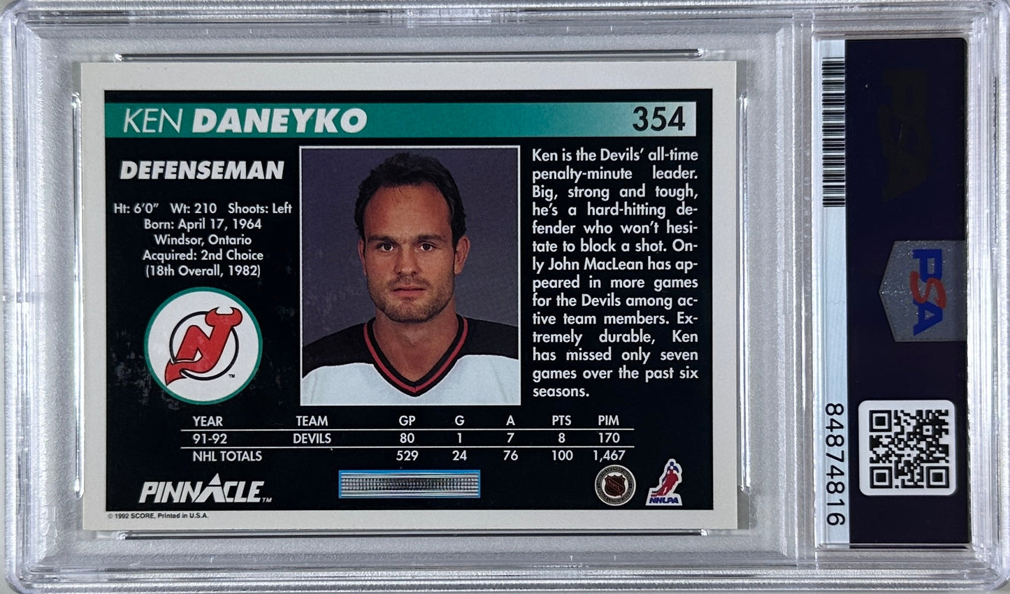 Ken Daneyko auto insc 1992 Pinnacle card PSA Encapsulated New Jersey Devils