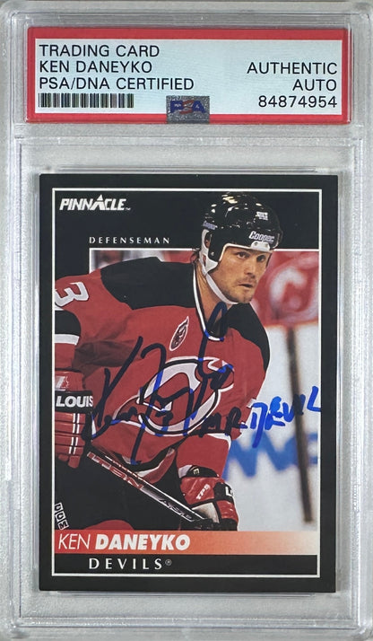 Ken Daneyko auto insc 1992 Pinnacle card PSA Encapsulated New Jersey Devils
