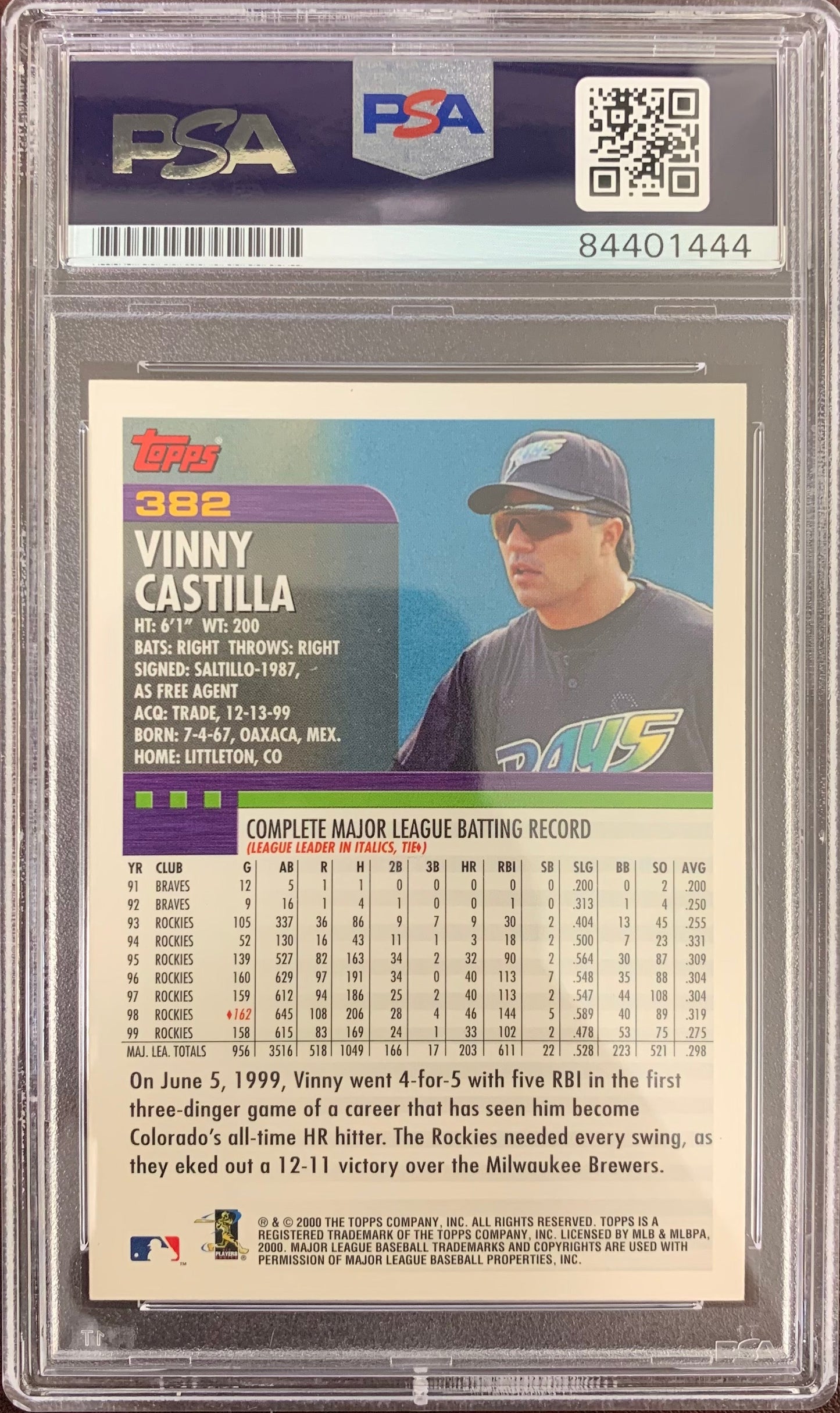 Vinny Castilla auto signed card 2000 Topps Tampa Bay Devil Rays PSA Encapsulated