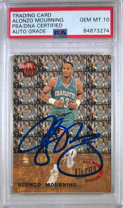 Alonzo Mourning auto 1993 Fleer RC GEM Mint 10 Charlotte Hornets PSA Encap