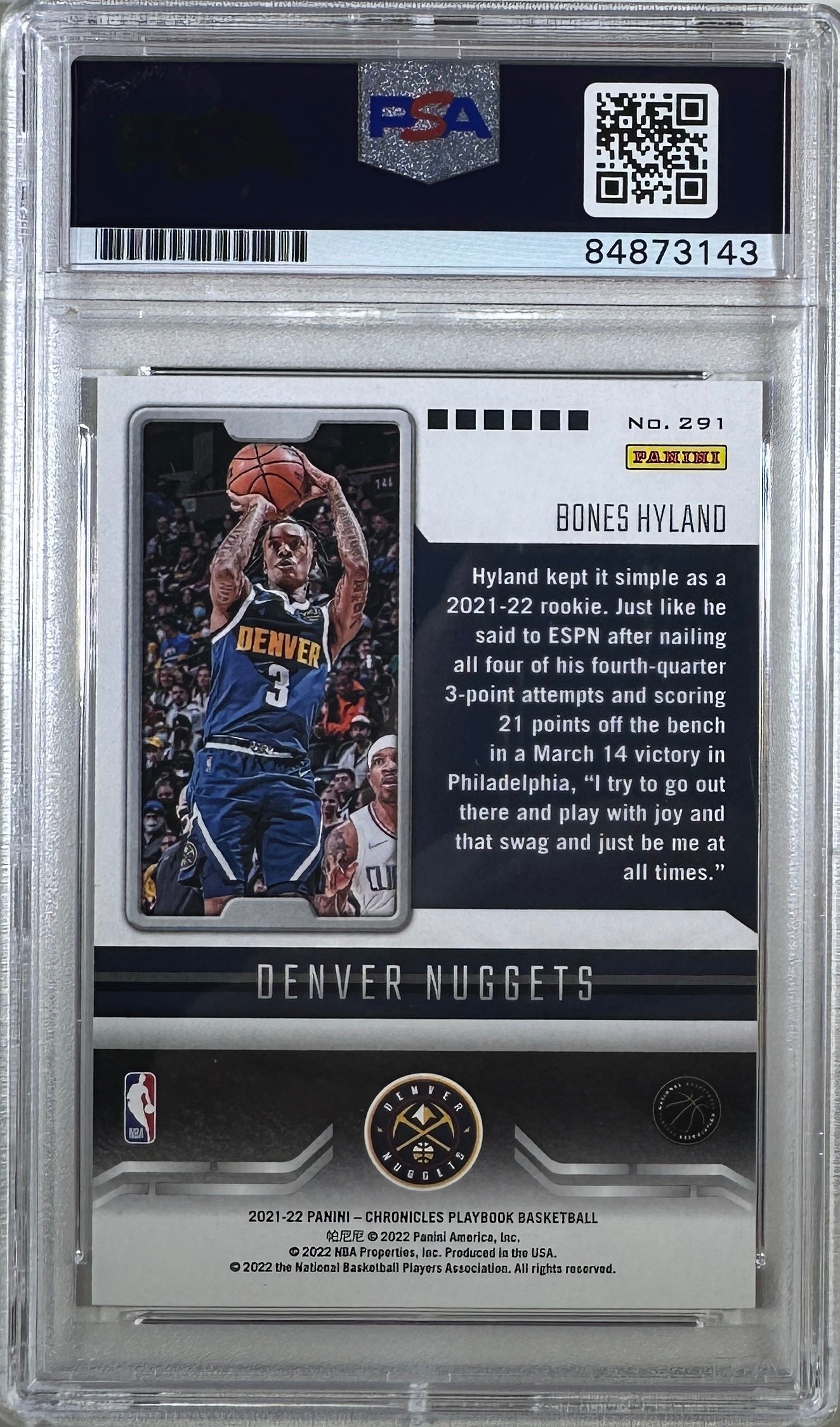 Bones Hyland signed rc 006/149 #291 Denver Nuggets Panini GEM Mint 10 PSA Encap