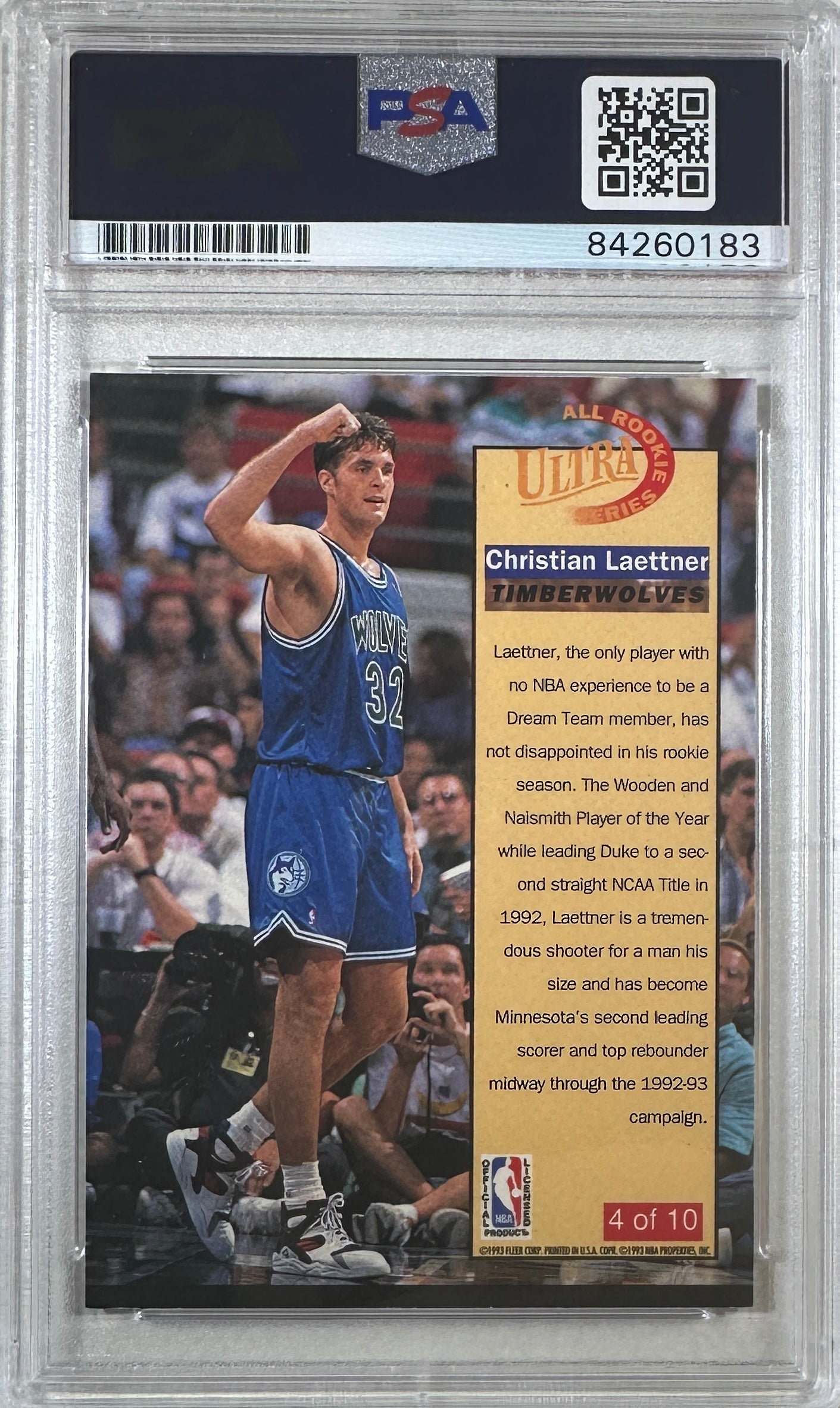 Christian Laettner auto 1993 Fleer Ultra RC PSA Encapsulated Timberwolves