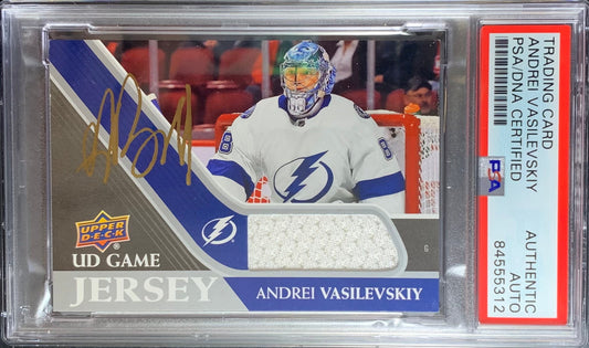 Andrei Vasilevskiy auto card Game Used Worn UD Game Jersey Lightning PSA Encap