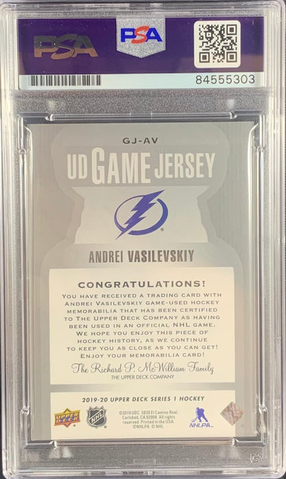 Andrei Vasilevskiy auto card Game Used Worn UD Game Jersey Lightning PSA Encap