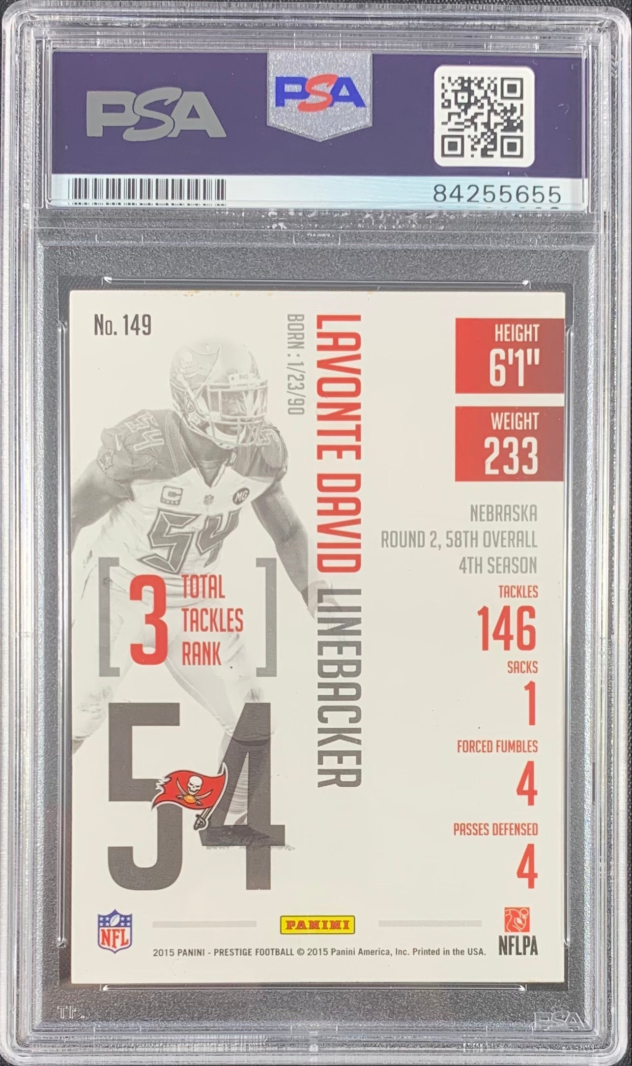 Lavonte David autograph signed Panini card Tampa Bay Buccaneers PSA Encapsulated