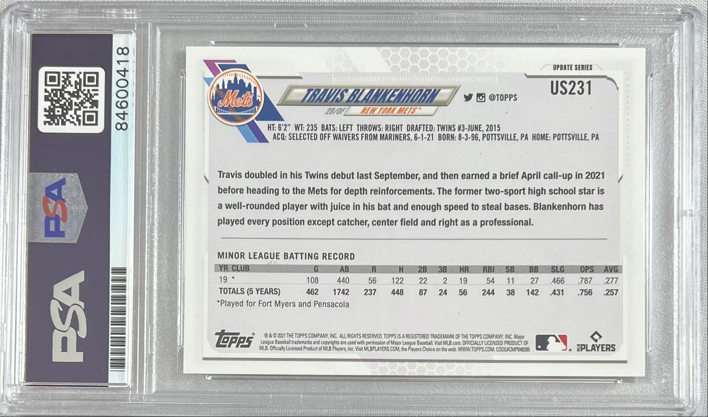 Travis Blankenhorn auto 2021 Topps RC #US231 PSA GEM MINT 10 New York Mets MLB